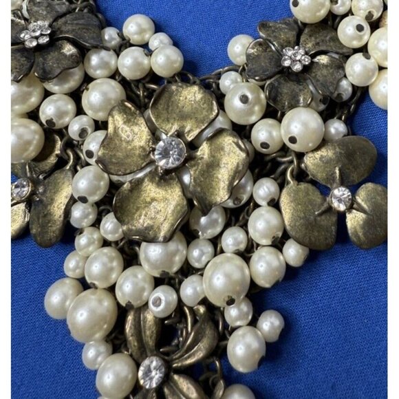 Floral Rhinestone Pearl Cluster Goth Gun Metal Bronze Chain Mail Bib Necklace - Picture 2 of 6